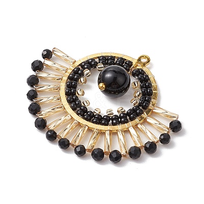 Natural Black Onyx(Dyed & Heated) & Glass Seed Beads Fan Pendants PALLOY-MZ00308-01-1
