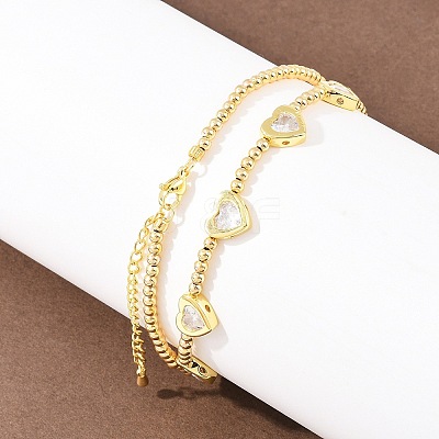 Brass Pave Clear Cubic Zirconia Heart Round Beaded Bib Necklaces for Women NJEW-F364-05G-1