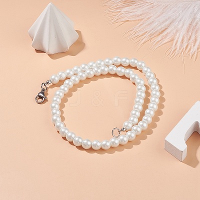 Glass Pearl Round Beaded Necklace for Men Women NJEW-JN03923-01-1