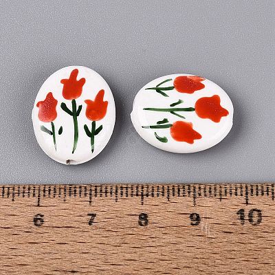 Hand Painted Tulip Flower Oval Porcelain Beads PORC-N012-11A-1