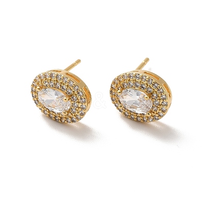 Clear Cubic Zirconia Oval Stud Earrings EJEW-K093-15G-1