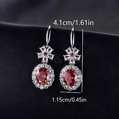 Brass Micro Pave Cubic Zirconia Flower with Oval Dangle Earrings for Women GA8760-2-1
