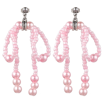 Glass Seed & Imitation Pearl Bowknot Dangle Stud Earrings EJEW-MZ00124-1