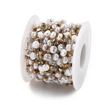 ABS Imitation Pearl & 304 Stainless Steel Beads Link Chains CHS-K021-07G-02-1