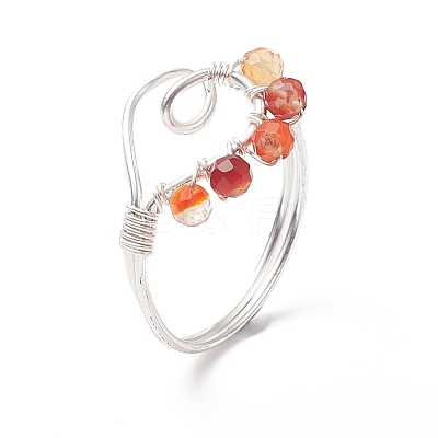 Natural Mixed Gemstone Beaded Heart Open Cuff Ring RJEW-JR00567-1