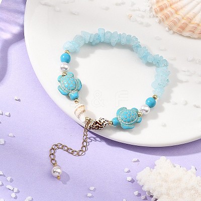 Beachy Natural white Jade Chip Beads & Synthetic Turquoise Charm Bracelets BJEW-JB14140-01-1