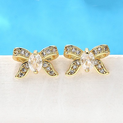 Bowknot Brass Micro Pave Clear Cubic Zirconia Stud Earrings EJEW-G433-05G-1