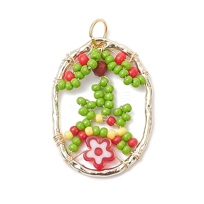 Glass Seed Beaded Oval with Flower Pendants PALLOY-MZ01061-01-1