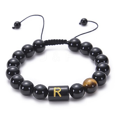 10MM Natural Black Onyx(Dyed & Heated) and Tiger Eye Alphabet Round Braided Bead Adjustable Bracelets for Women DM6424-18-1
