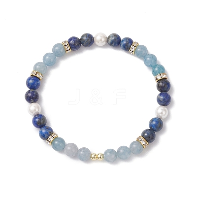 Natural Lapis Lazuli &  Quartz & Shell Pearl Round Beads Stretch Bracelets for Women BJEW-JB12229-03-1