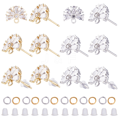 12Pcs 2 Color Brass Pave Clear Cubic Zirconia Flower Stud Earring Findings DIY-CN0002-80-1