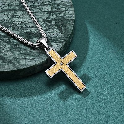 304 Stainless Steel Pave Clear Cubic Zirconia Hammered Religion Cross Pendant Necklaces for Men WG86616-01-1