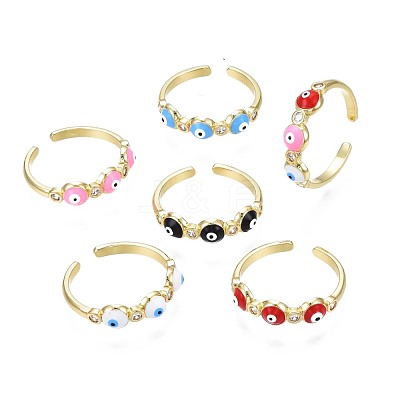 Clear Cubic Zirconia Evil Eye Open Cuff Ring with Enamel for Women RJEW-N035-099-1