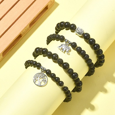 Natural Shungite & Lava Rock Round Beaded Bracelets Sets BJEW-JB09542-1