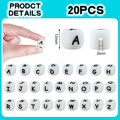 20Pcs Luminous Cube Letter Silicone Beads 12x12x12mm Square Dice Alphabet Beads with 2mm Hole Spacer Loose Letter Beads for Bracelet Necklace Jewelry Making JX437L-1