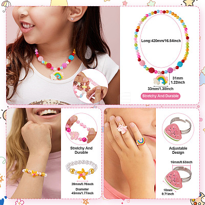 Flower & Shell & Watermelon & Rabbit Plastic Cuff & Adjustable Ring & Pendant Necklace & Stretch Bracelets SJEW-TA0001-02-1
