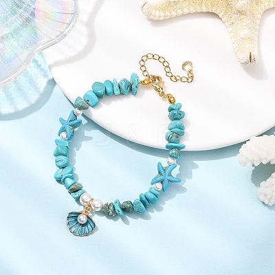 Synthetic Turquoise Chips & Starfish & Shell Pearl Beads Bracelets BJEW-JB12413-03-1