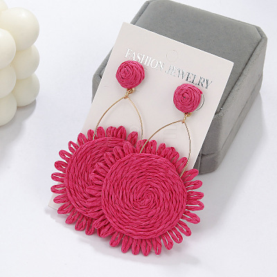Flower Alloy & Raffia Dangle Stud Earrings FS-WGE45CE-01-1