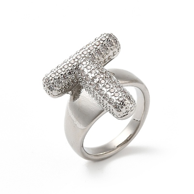 Letter Brass Micro Pave Clear Cubic Zirconia Open Cuff Ring for Women RJEW-N046-03T-P-1