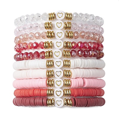 10Pcs Polymer Clay Disc & Glass & Brass Beaded Stretch Bracelets Set BJEW-JB09676-02-1