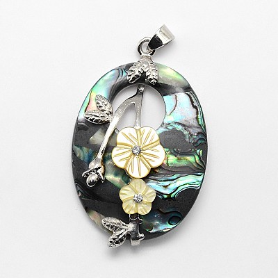 Brass White Shell Oval with Flower Pendants SSHEL-F0006-48B-01-1