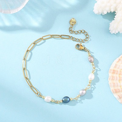 Natural Pearl Rice Beaded Chain Bracelets with 304 Stainless Steel Paperclip Chains BJEW-JB14234-01-1