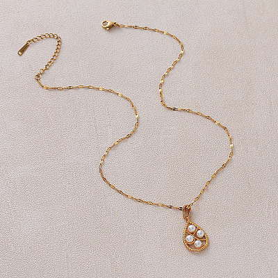 Vintage European 304 Stainless Steel & Imitation Pearl Teardrop Pendant Necklaces for Women NU2800-1