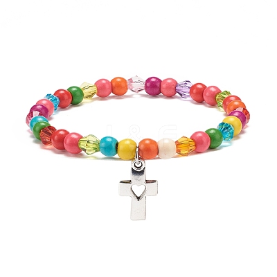Synthetic Turquoise(Dyed) & Acrylic Beaded Stretch Bracelet with Alloy Charm for Women BJEW-JB08627-02-1