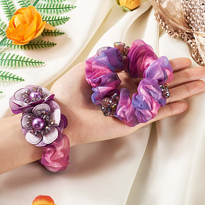 2Pcs 2 Colors Chic Solid Color French Satin Pigtail Hair Tie for Elegant Hairstyles OHAR-TA0001-10A-1