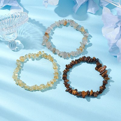 3Pcs Natural Citrine & Natural Tiger Eye & Natural Gold Rutilated Quartz Chip Beaded Stretch Bracelet Sets BJEW-JB10863-1