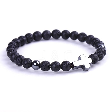 Natural Lava Rock & Synthetic Non-magnetic Hematite Beads Stretch Bracelets for Women Men BO6196-1-1