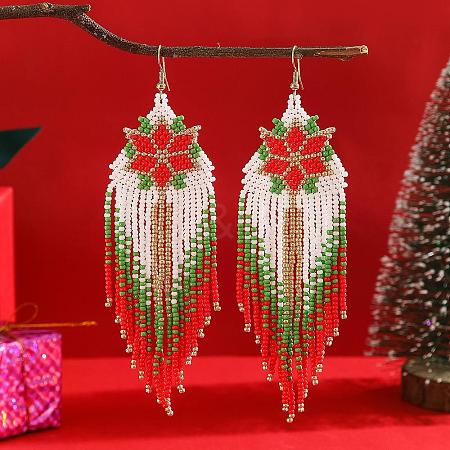 Christmas Style Handmade Glass Seed Beads Tassel Dangle Earrings AB2839-1