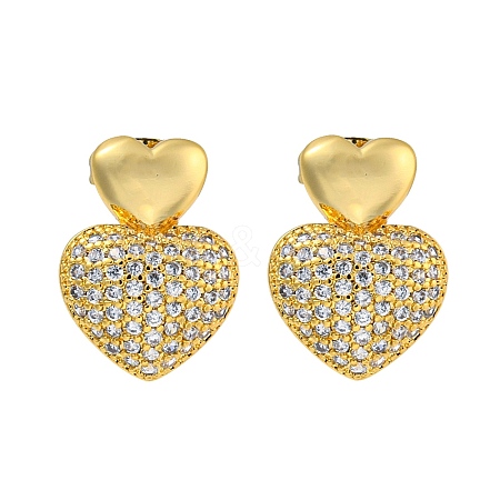 Heart Brass Pave Clear Cubic Zirconia Stud Earrings for Women EJEW-N054-44G-1