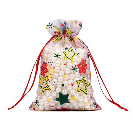 Christmas Theme Rectangle Printed Organza Drawstring Bags CON-PW0001-066A-03-1