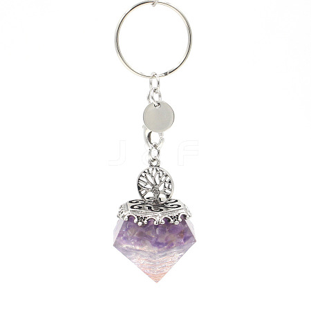 Resin Diamond Shape with Natural Amethyst Chip inside Pendant Keychain PW-WG68879-01-1