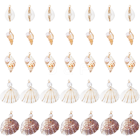 35Pcs 5 Styles Natural Mixed Shell Copper Wire Wrapped Pendants PALLOY-HS00027-1