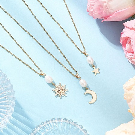 3Pcs 3 Styles Natural Cultured Freshwater Pearl & 304 Stainless Steel & Brass Moon Star Sun Pendant 304 Stainless Steel Cable Chain Necklaces for Women NJEW-JN05364-1