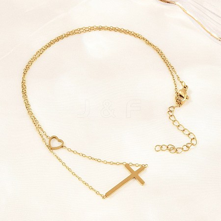 Religion 304 Stainless Steel Heart Cross Link Chain Necklaces NJEW-H093-03G-1