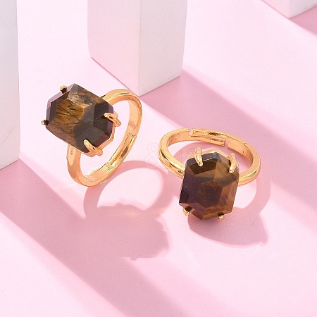 Hexagon Natural Tiger Eye Finger Rings RJEW-B113-02G-05-1