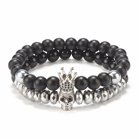 2Pcs 2 Style Synthetic Hematite & Black Stone & Natural Obsidian Stretch Bracelets Set with Cubic Zirconia Skull BJEW-JB08120-02-1