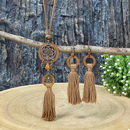 Bohemian Alloy & Wood & Cotton Cord Tassel Pendant Necklaces & Dangle Earrings Sets WGBB680-02-1