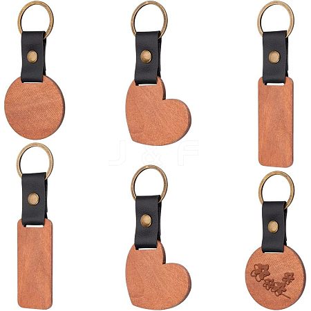  6Pcs 3 Colors Imitation Leather & Wood Keychain KEYC-NB0001-48-1