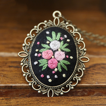 DIY Embroidery Flower Pendant Necklace Making Kit HUDU-PW0001-063T-1