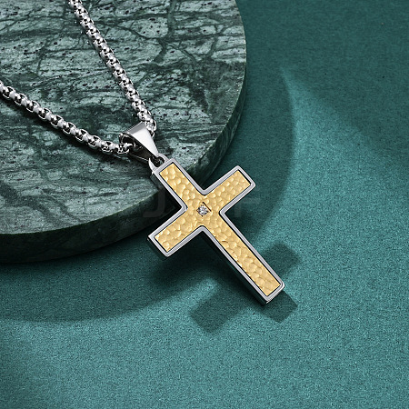 304 Stainless Steel Pave Clear Cubic Zirconia Hammered Religion Cross Pendant Necklaces for Men WG86616-01-1