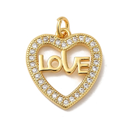 Heart with Word Love Rack Plating Brass Micro Pave Clear Cubic Zirconia Pendants KK-K377-57G-1