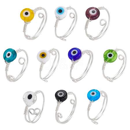 10Pcs 10 Colors Copper Wire Wrapped Flat Round Evil Eye Lampwork Finger Rings RJEW-UN00052-1