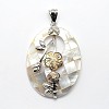 Brass White Shell Oval with Flower Pendants SSHEL-F0006-48A-01-1