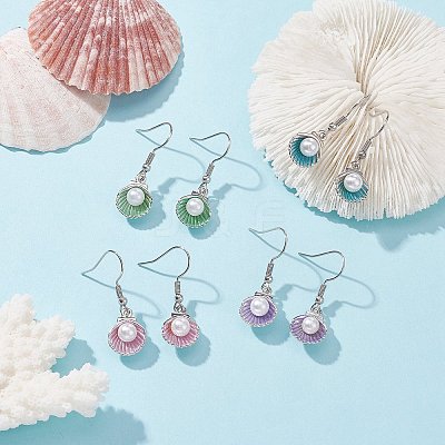 4 Pair 4 Color Alloy Enamel Shell Shape Dangle Earrings with Plastic Pearl Beaded EJEW-JE05249-1