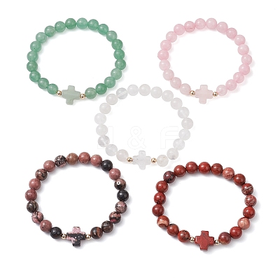 8mm Round & Cross Natural Mixed Gemstone Beaded Stretch Bracelets for Women BJEW-JB10930-1
