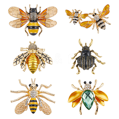 6Pcs 6 Styles Bees & Beetle Enamel Pins JEWB-PH0001-80-1